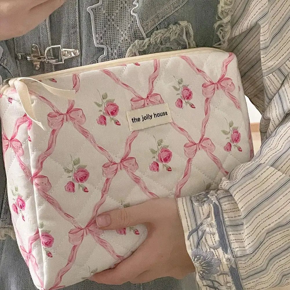 Quilted Bow Makeup Bag – Portable Cosmetic & Toiletry Organizer - Mzunye