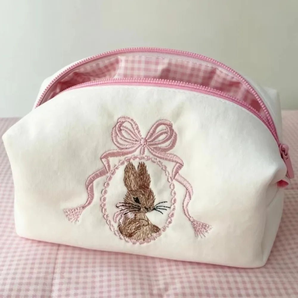 Rabbit Lace Bow Makeup Bag — Large Capacity Cosmetic Organizer | Pink - Mzunye