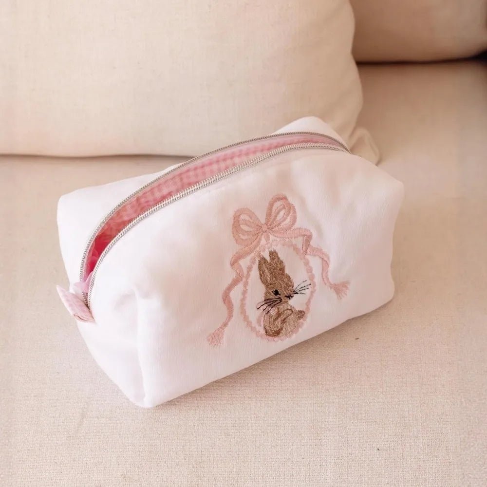 Rabbit Lace Bow Makeup Bag — Large Capacity Cosmetic Organizer | Pink - Mzunye
