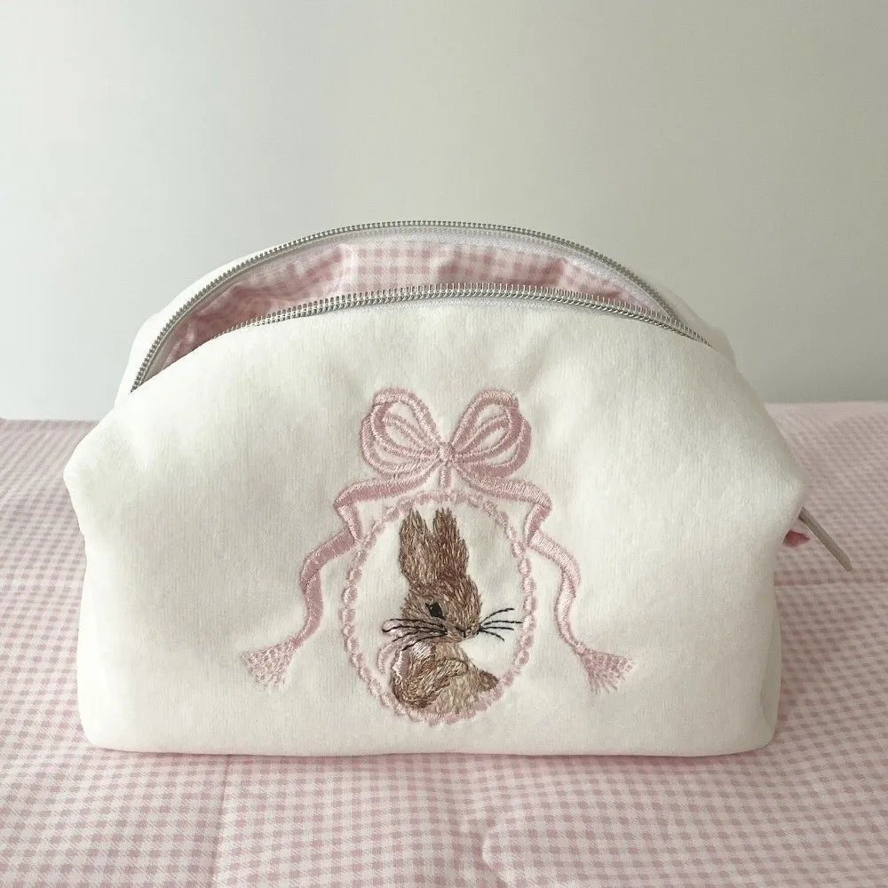 Rabbit Lace Bow Makeup Bag — Large Capacity Cosmetic Organizer | Pink - Mzunye
