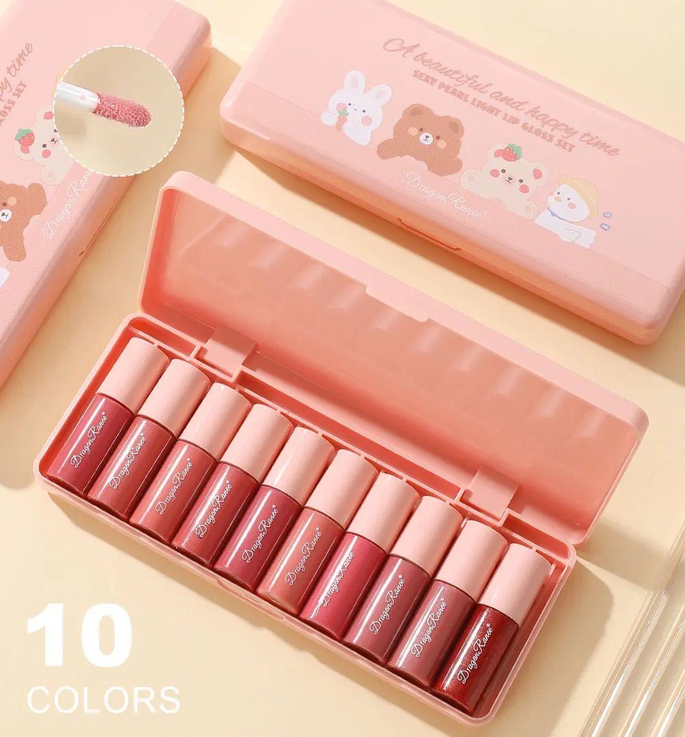 Shimmer Glass Lip Gloss Set — 10 Piece Pearlescent Non - Stick Collection - Mzunye