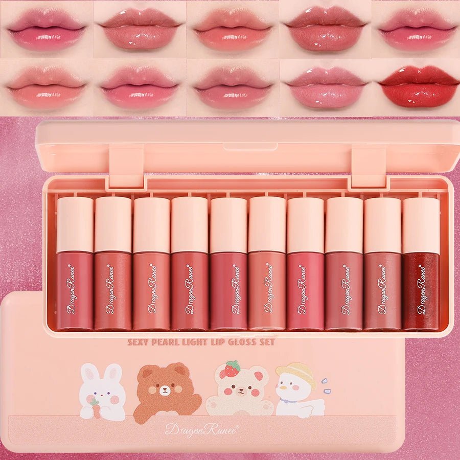 Shimmer Glass Lip Gloss Set — 10 Piece Pearlescent Non - Stick Collection - Mzunye