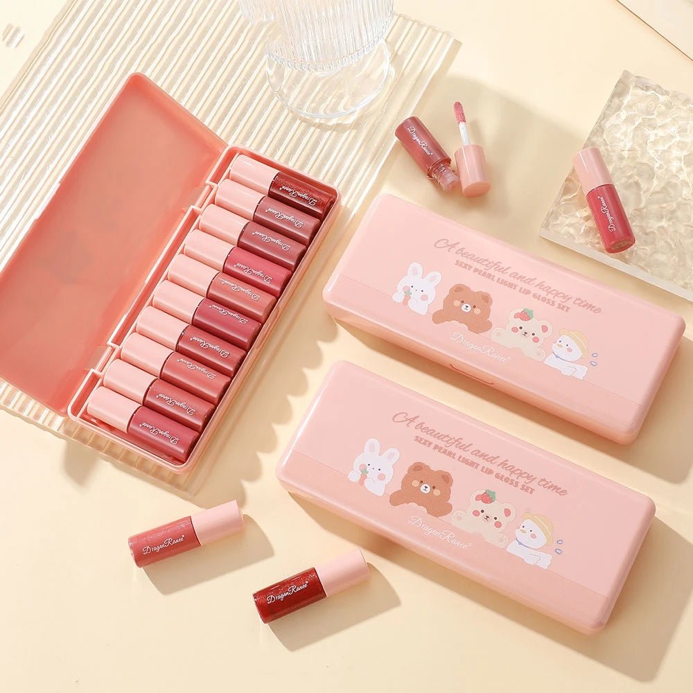Shimmer Glass Lip Gloss Set — 10 Piece Pearlescent Non - Stick Collection - Mzunye