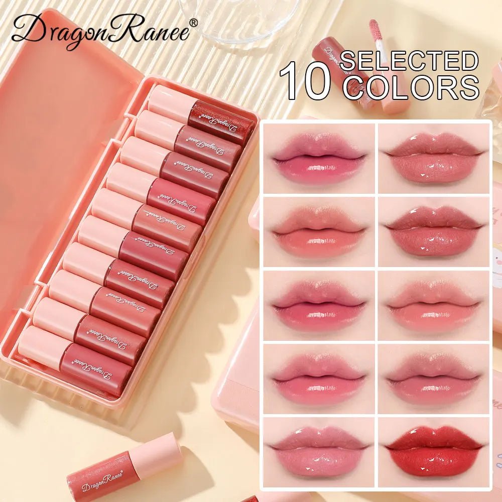 Shimmer Glass Lip Gloss Set — 10 Piece Pearlescent Non - Stick Collection - Mzunye