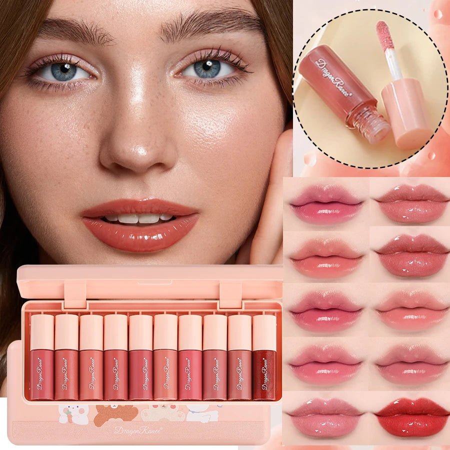 Shimmer Glass Lip Gloss Set — 10 Piece Pearlescent Non - Stick Collection - Mzunye