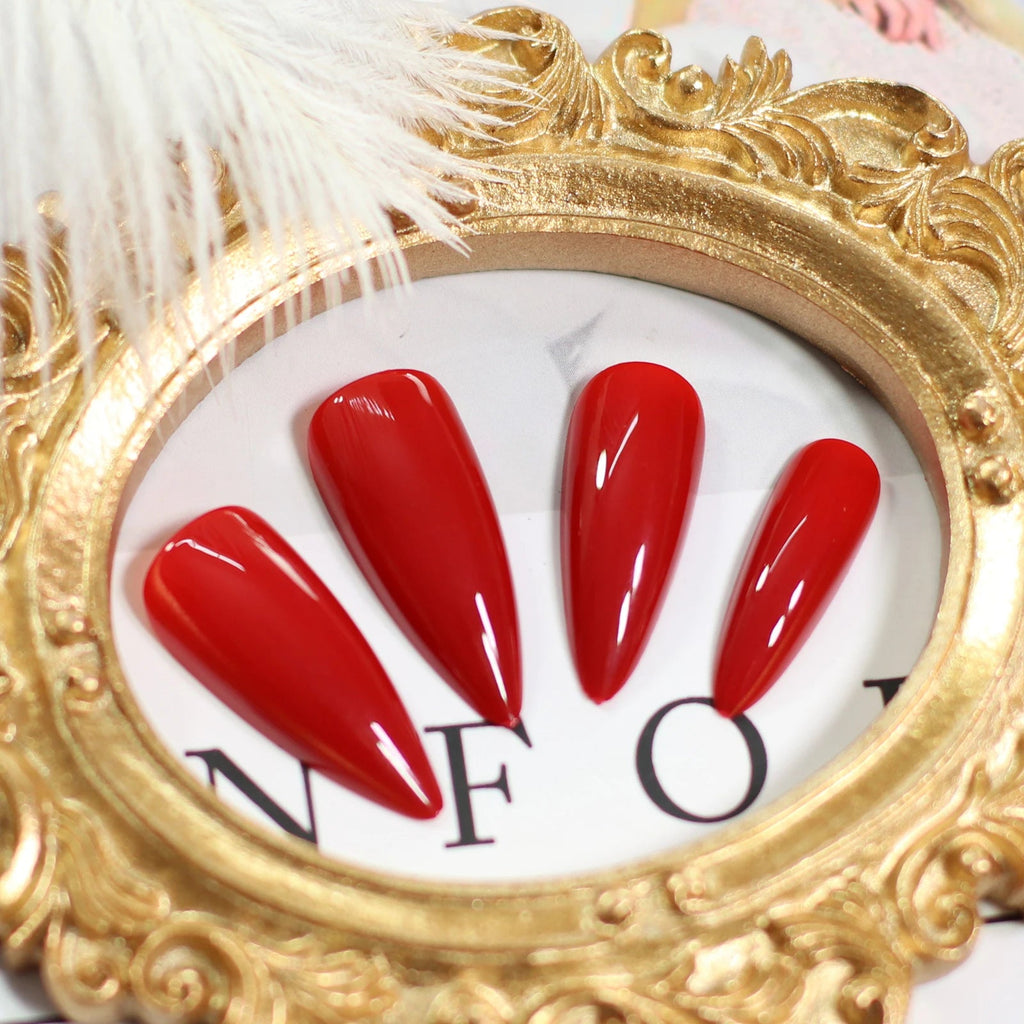 Stiletto Press - On Nails — Bold Red Glossy Finish Acrylic Fake Nails - Mzunye