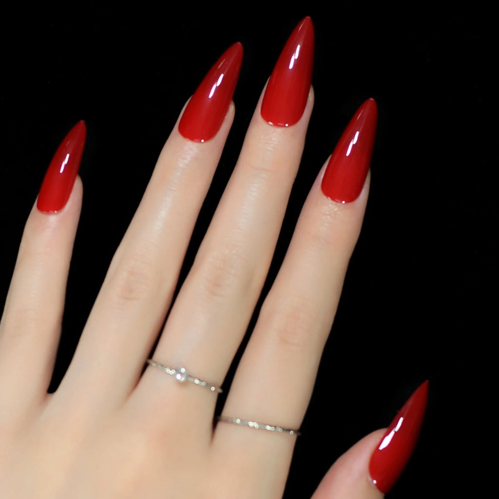 Stiletto Press - On Nails — Bold Red Glossy Finish Acrylic Fake Nails - Mzunye