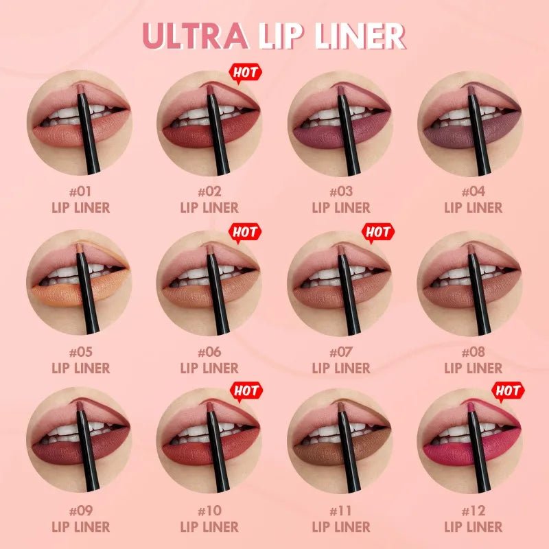 Waterproof Matte Lip Liner Pencil — Long - Lasting Contour Tint Lipstick in 12 Colors - Mzunye
